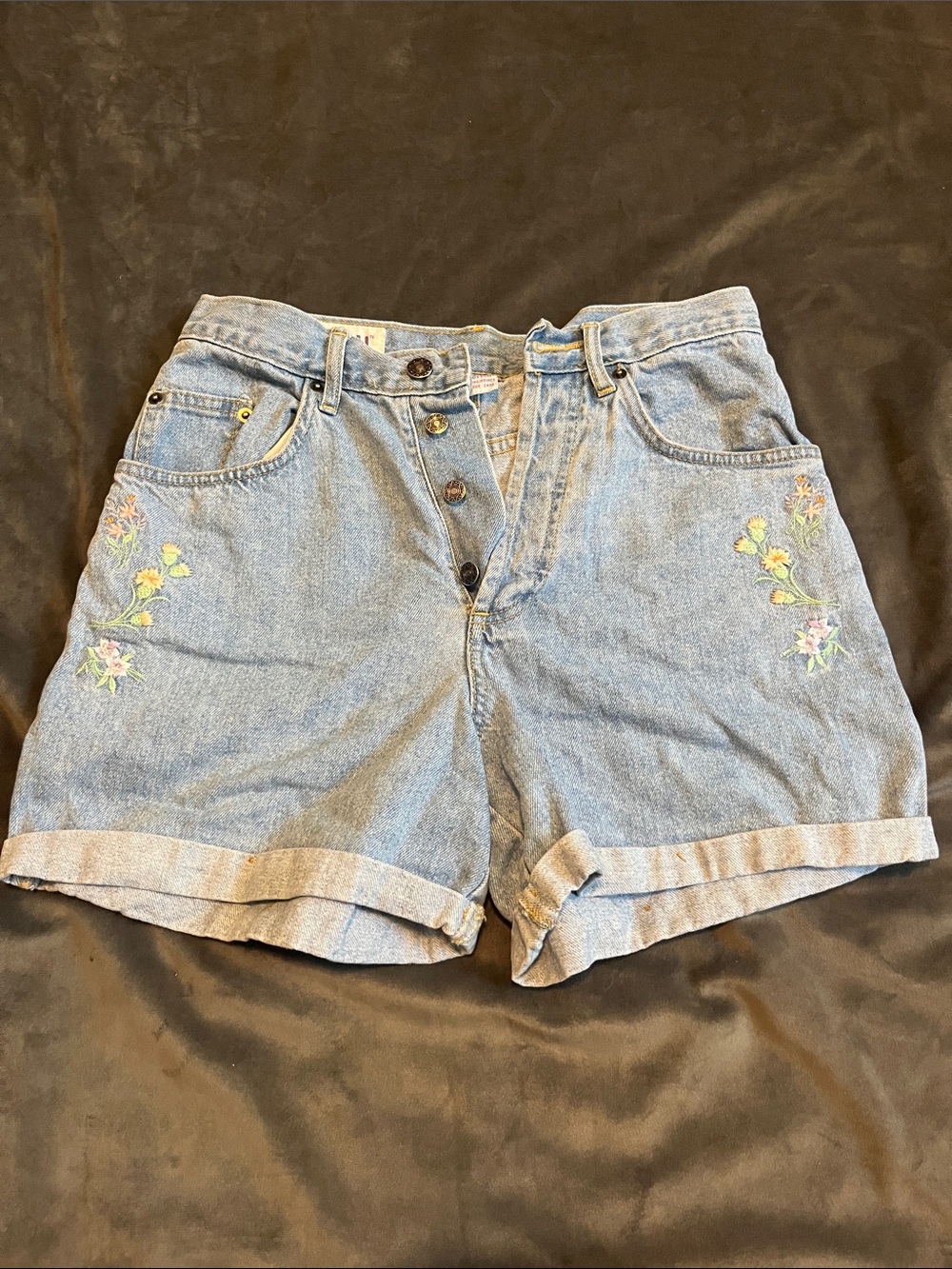 High-Rise Light Blue Denim Shorts with Floral Embroidery